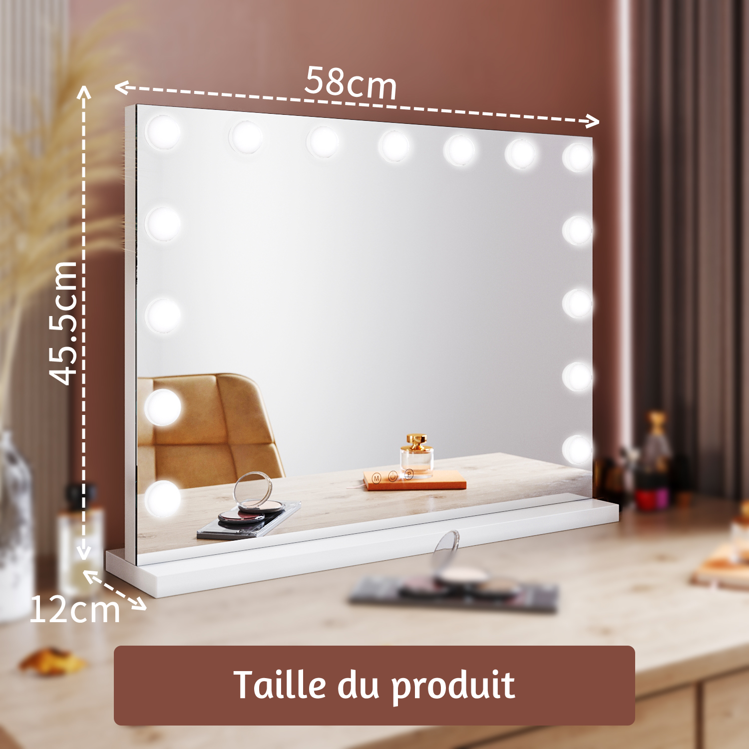 Miroir Maquillage Hollywood pour Coiffeuse, Grand Miroir Lumineux avec 12  Ampoules LED Réglable, Trois Températures de